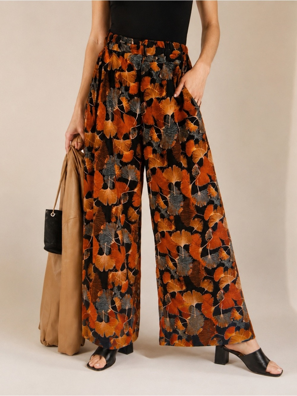 Kori Rust & Blue Leaf Wide Leg Silky Trouser Career Pull On Elastic Pants Size S